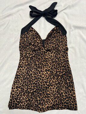 Pinup Couture Leopard Halter One-Piece Swim Dress in Black and Brown M